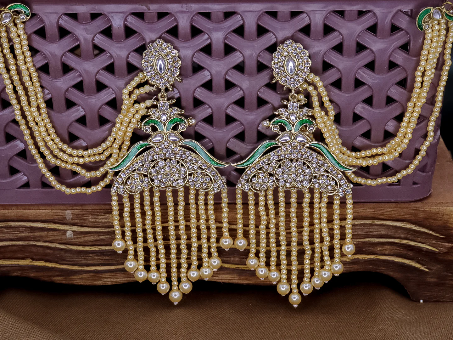 Amna Peacock Earrings With Kanchain - Cream