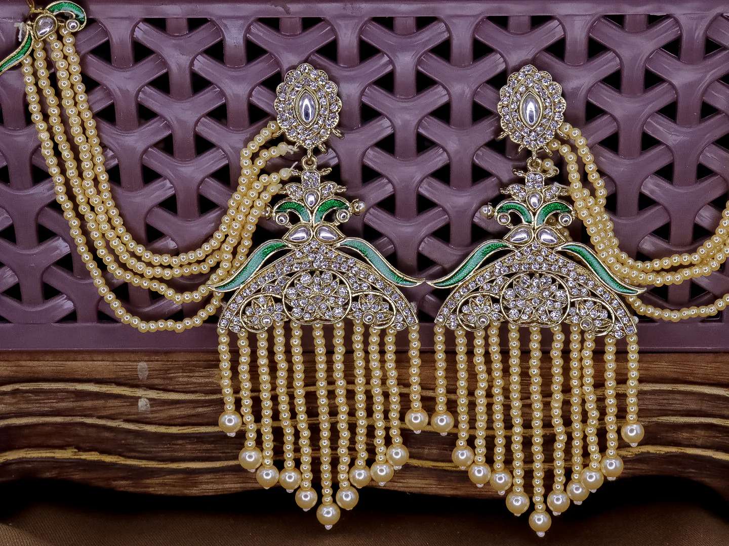 Amna Peacock Earrings With Kanchain - Cream - Image 2