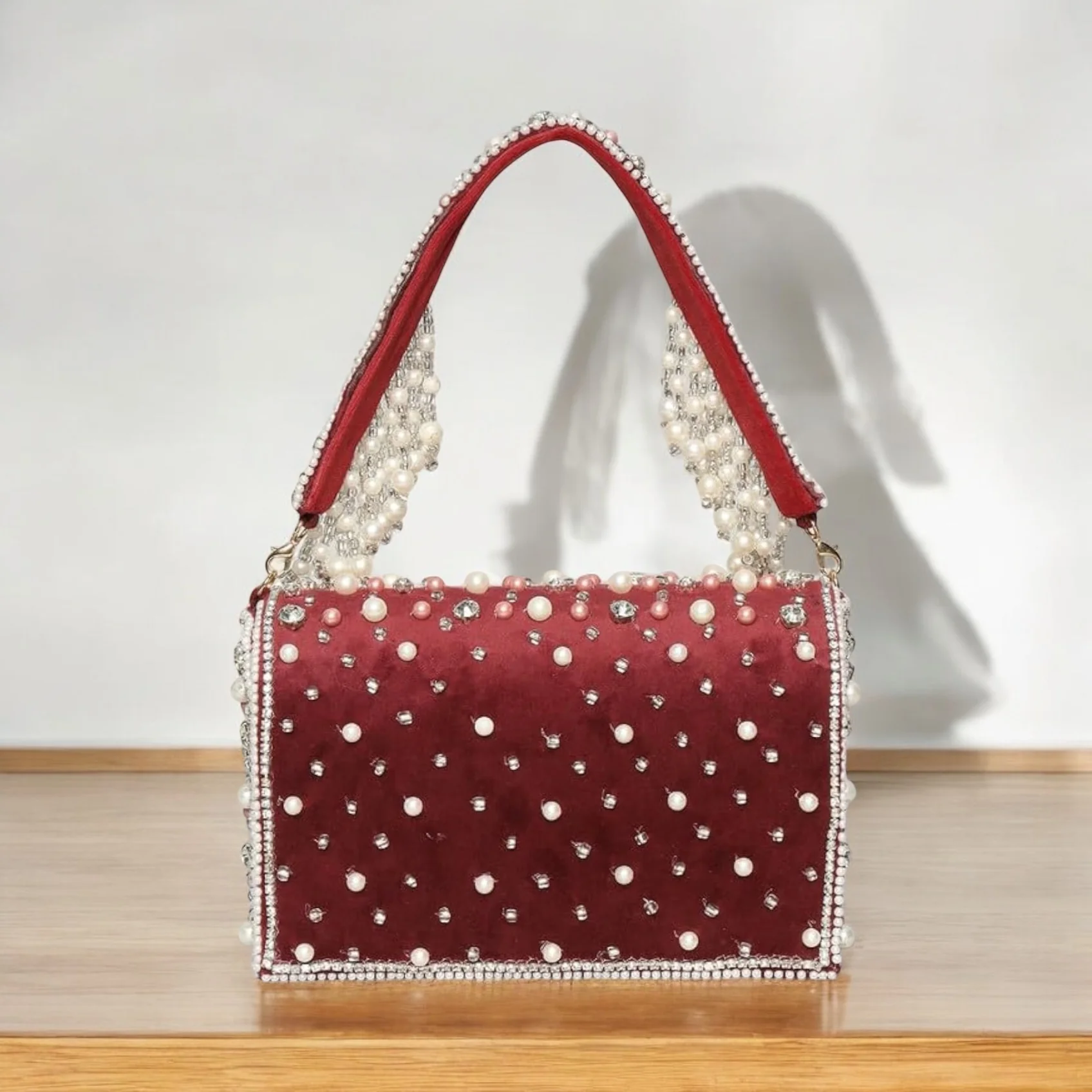 Designer Pearl  Crystal  Clutch - Rani Pink - Image 3