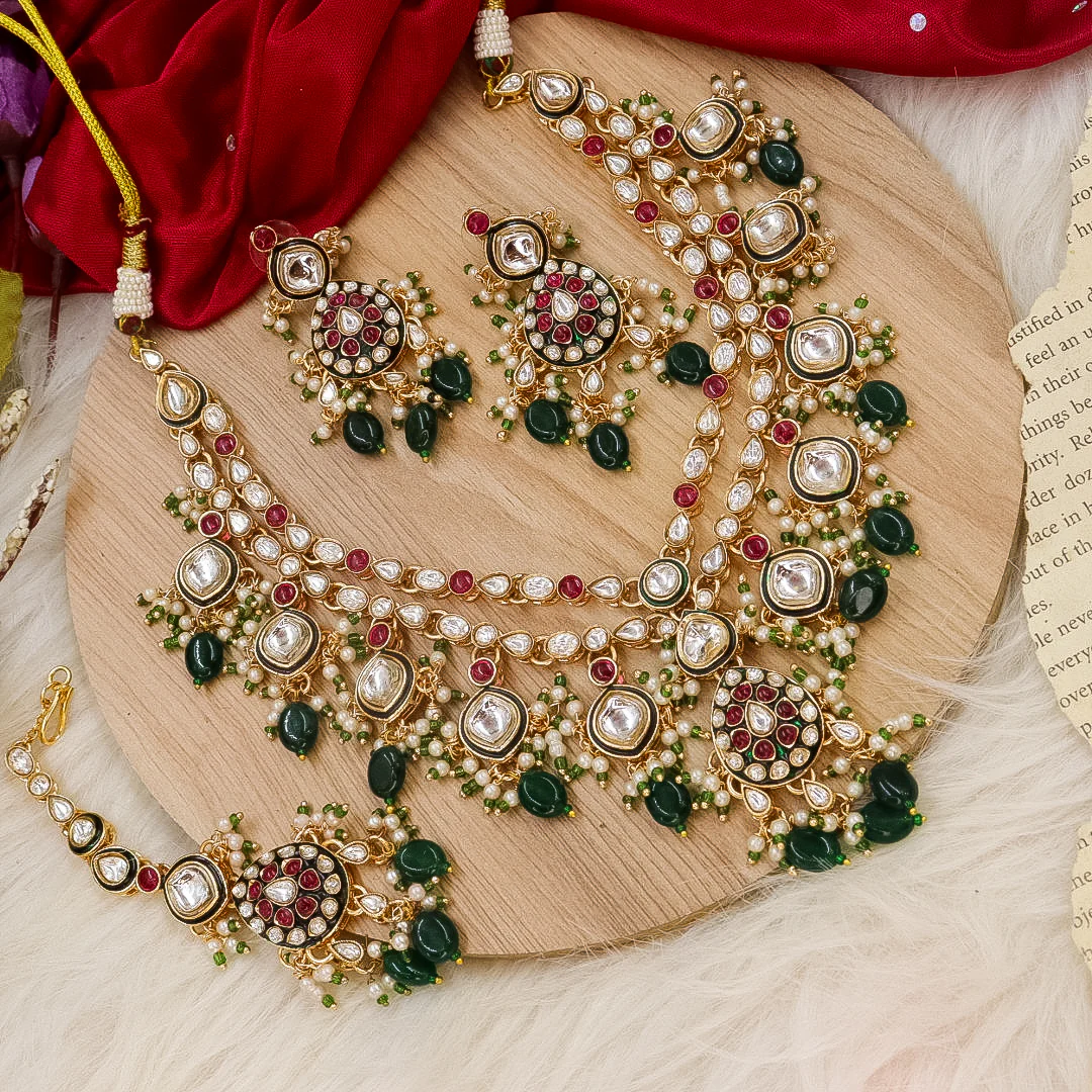Sushila Layer premium Kundal Polki Necklace - Rani Green
