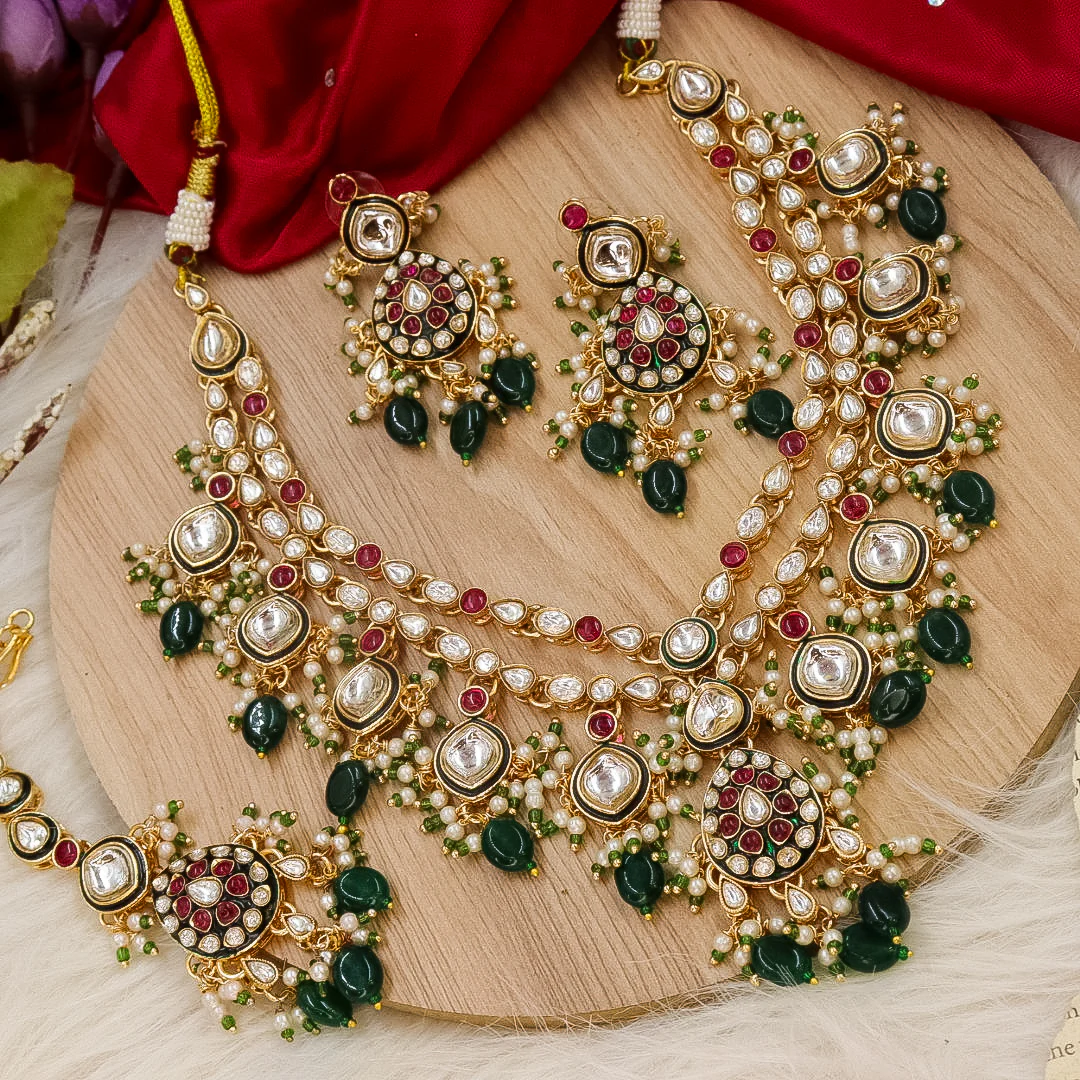 Sushila Layer premium Kundal Polki Necklace - Rani Green - Image 2