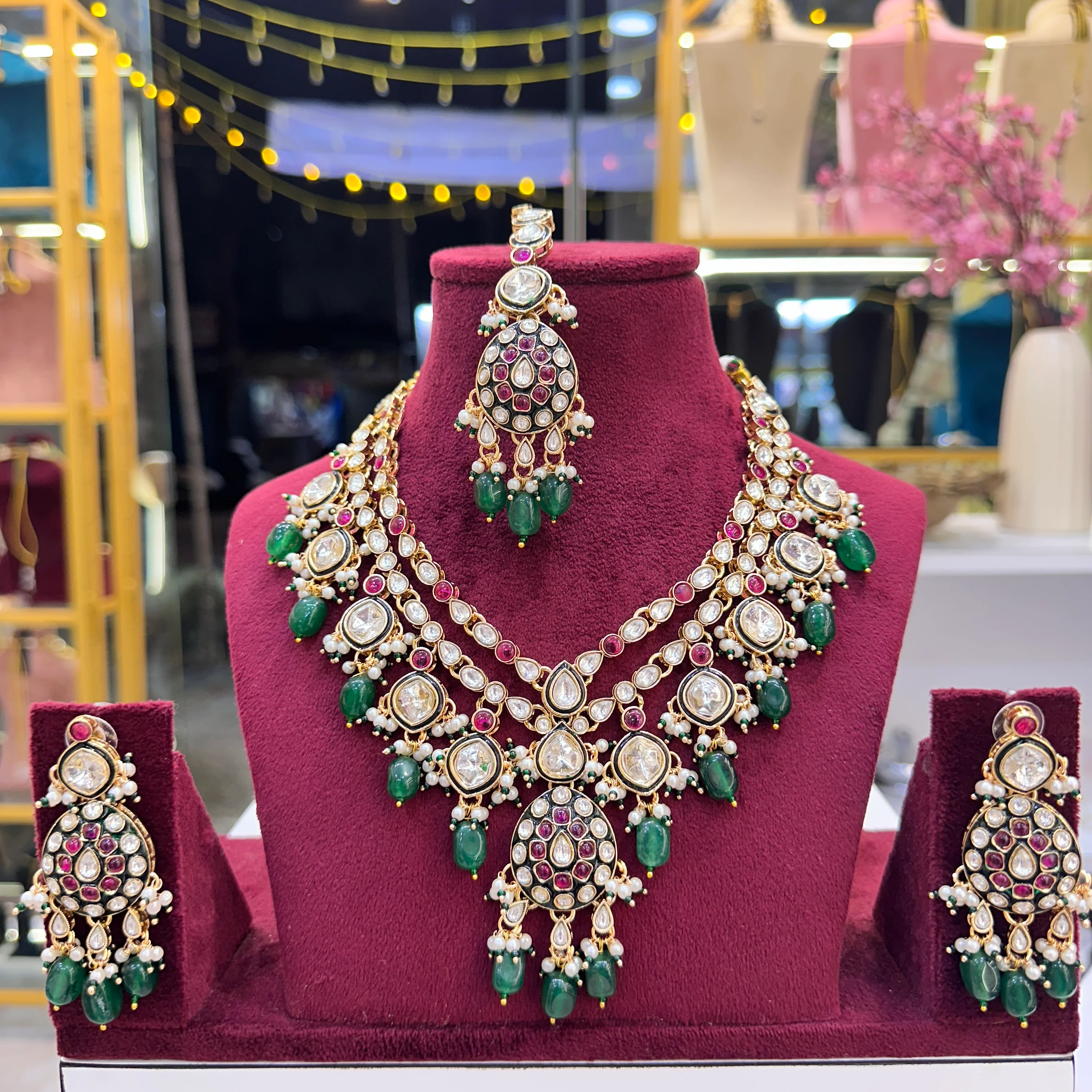 Sushila Layer premium Kundal Polki Necklace - Rani Green - Image 3
