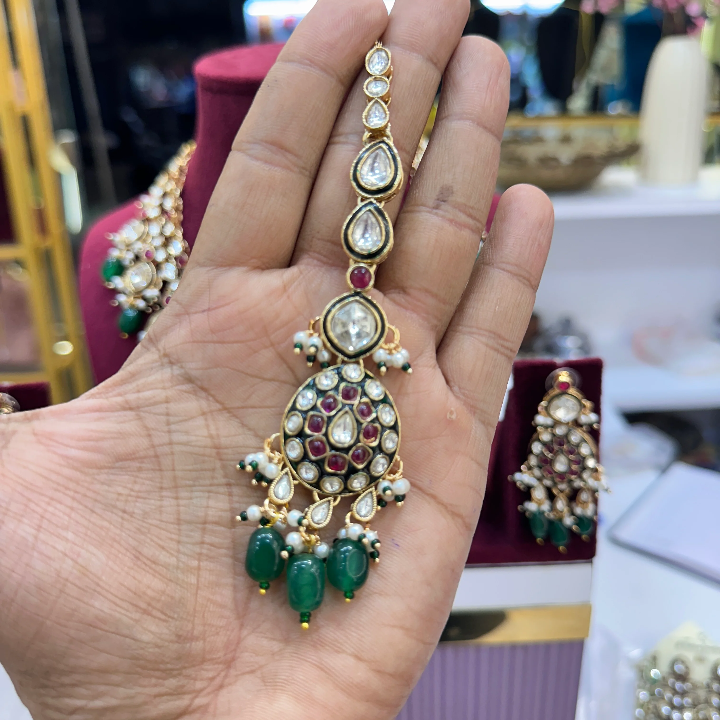 Sushila Layer premium Kundal Polki Necklace - Rani Green - Image 4