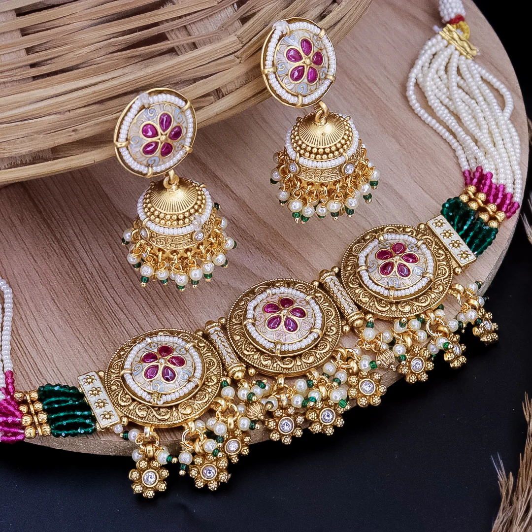 Kishver Premium Rajwadi Copper Choker Set With Jhumka - Image 3