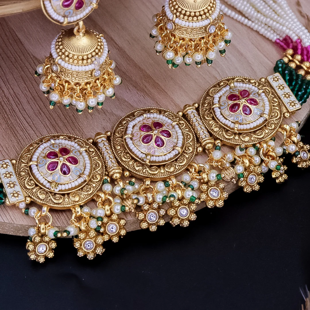 Kishver Premium Rajwadi Copper Choker Set With Jhumka - Image 6