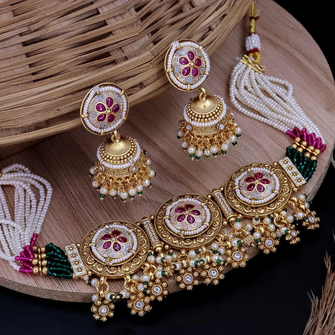 Kishver Premium Rajwadi Copper Choker Set With Jhumka - Image 7
