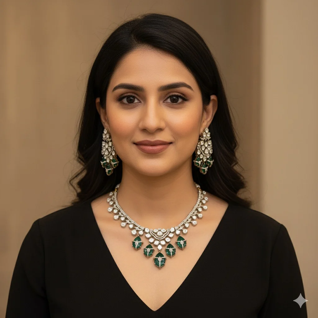 Madhura Moissianite Necklace with Duplet Stones - Green