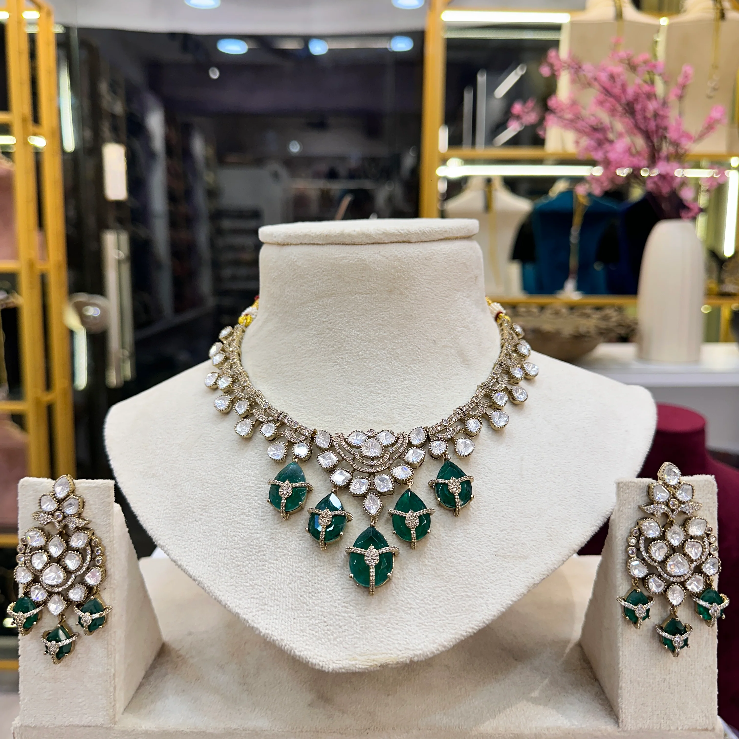 Madhura Moissianite Necklace with Duplet Stones - Green - Image 2