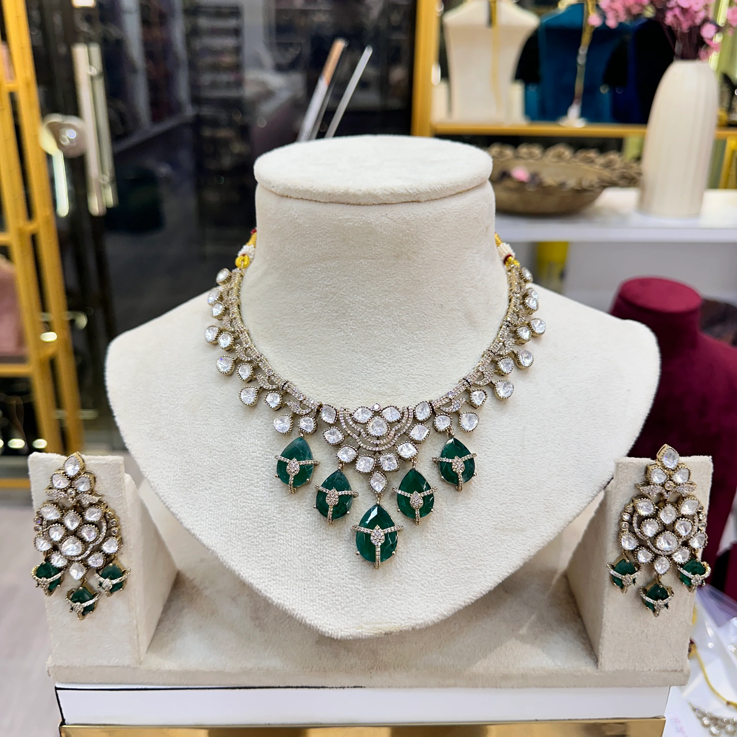 Madhura Moissianite Necklace with Duplet Stones - Green - Image 3
