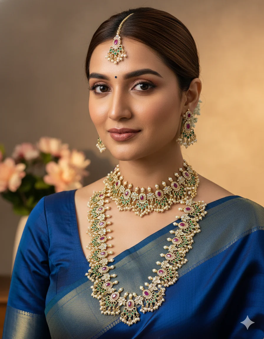 Gujarati Style Premium Kundan Necklace (2 Necklace + Earrings & Teeka)