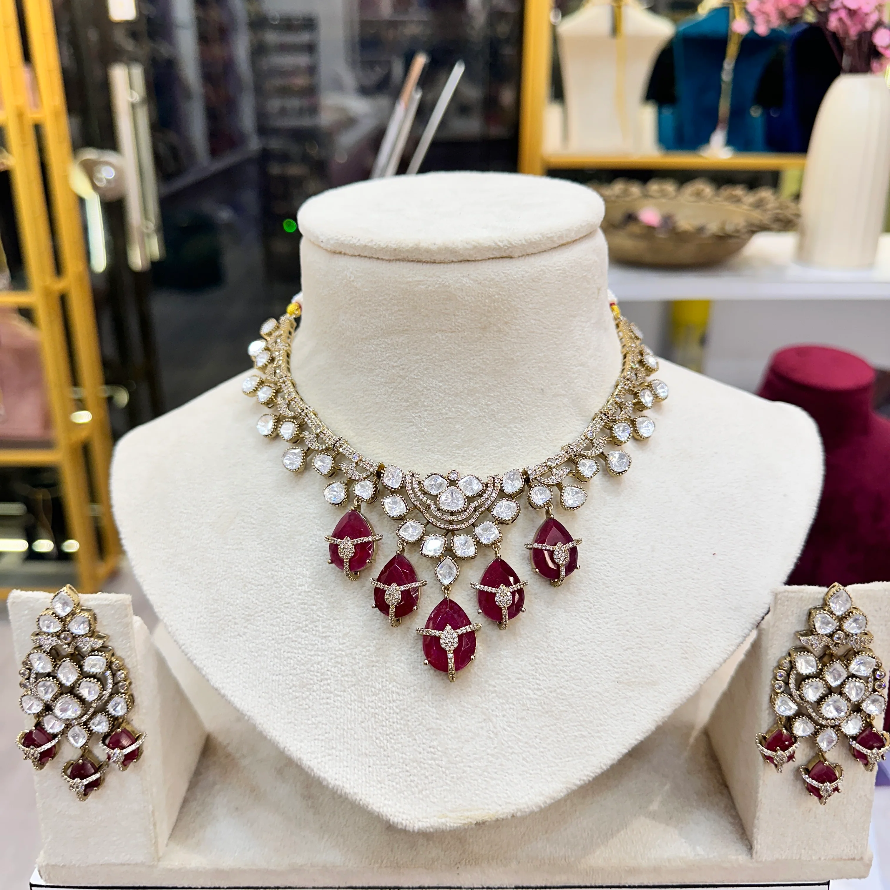 Madhura Moissianite Necklace with Duplet Stones - Ruby - Image 2