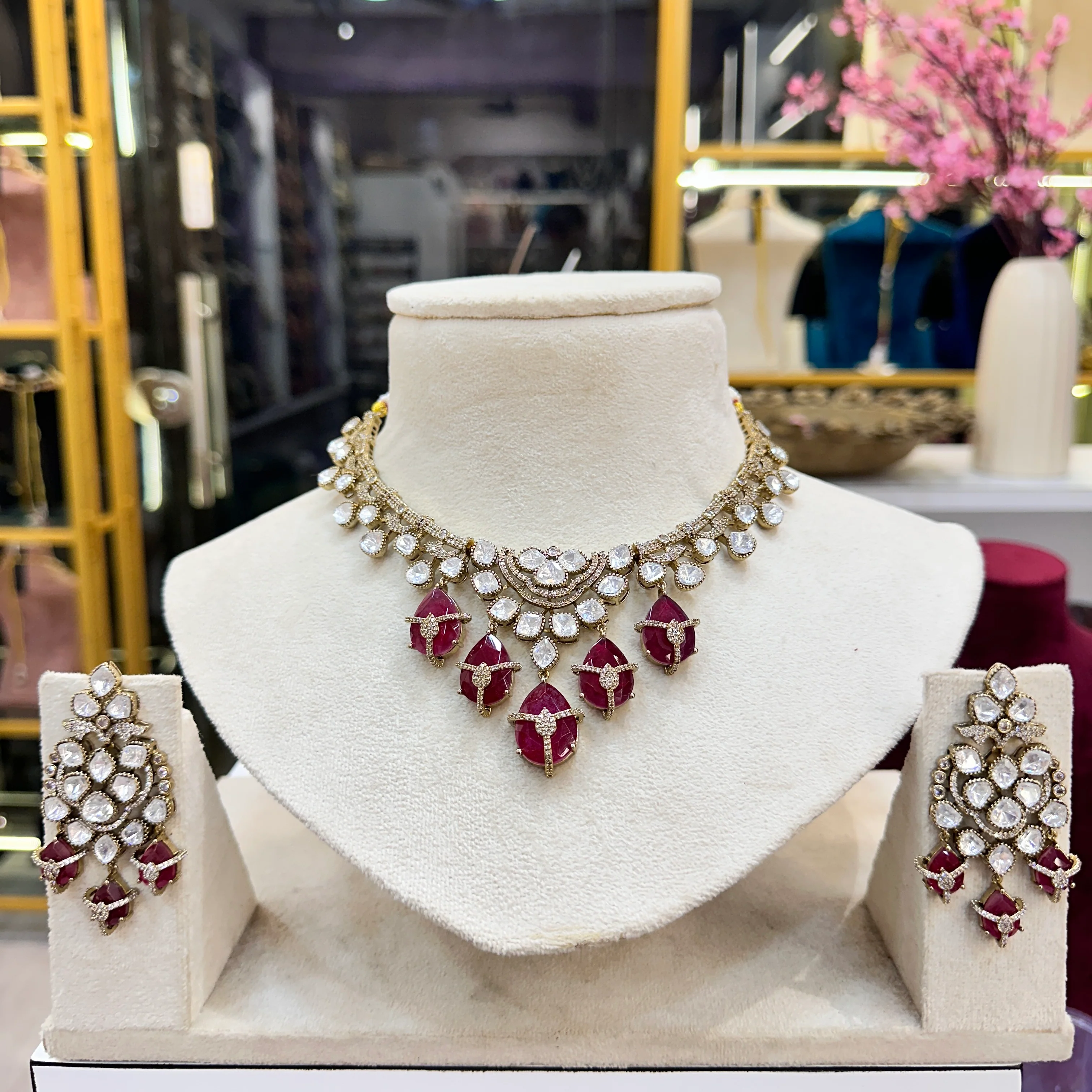 Madhura Moissianite Necklace with Duplet Stones - Ruby - Image 3