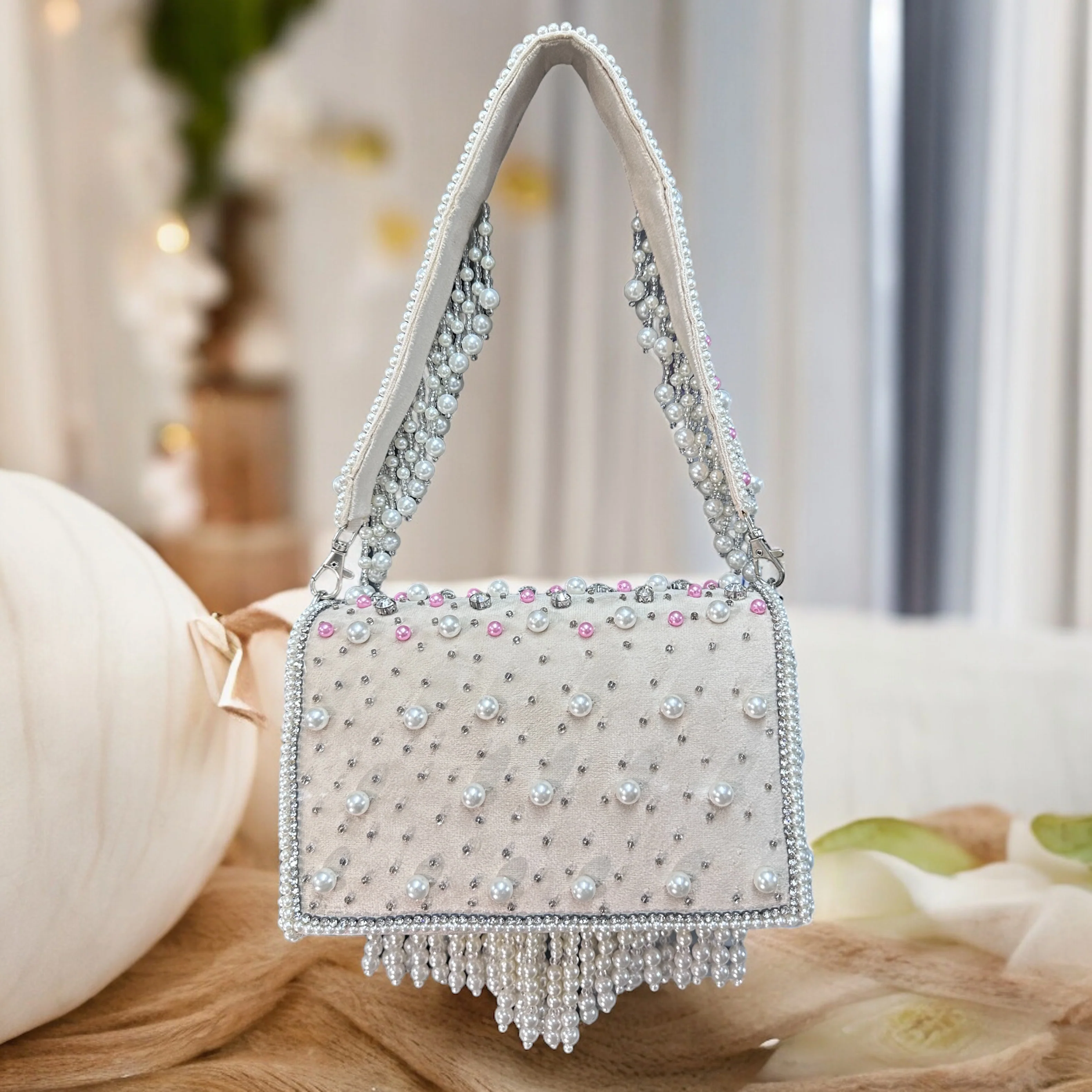 Designer Pearl  Crystal  Clutch - Beige - Image 3