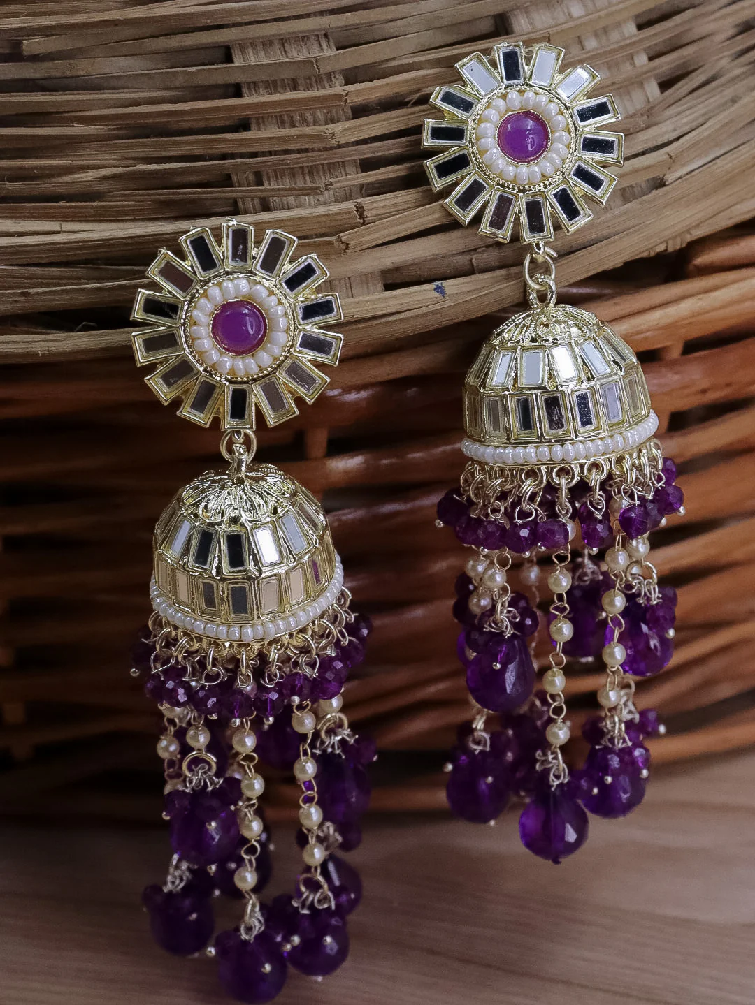 Divyakshi Mirror Jhumka With Glass Beads - Image 3