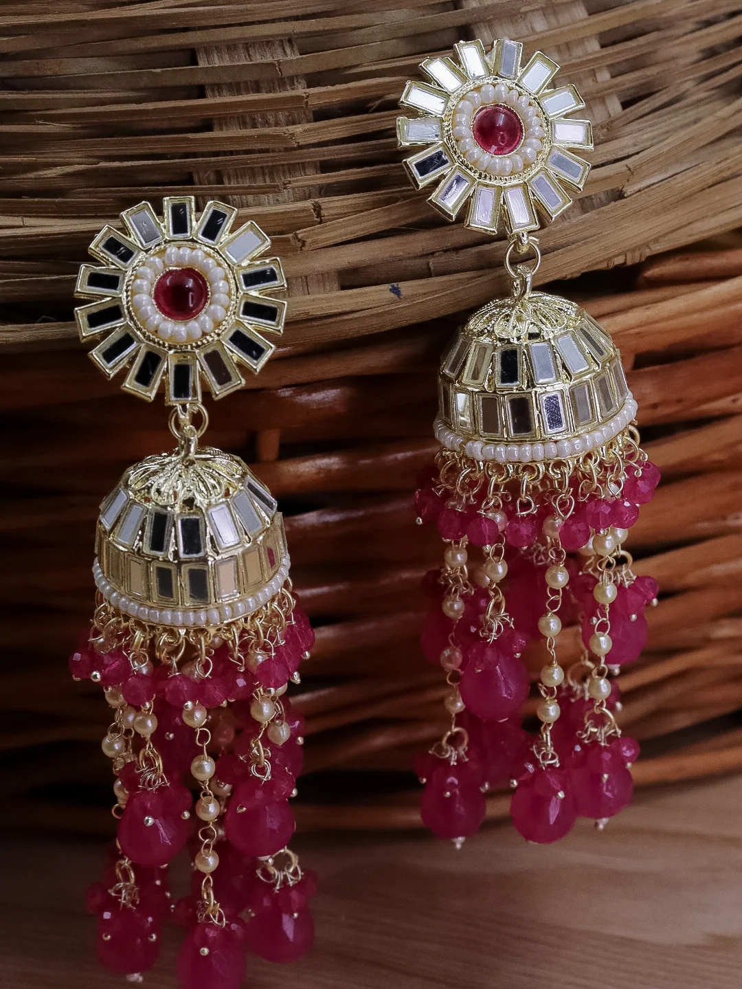 Divyakshi Mirror Jhumka With Glass Beads - Image 4