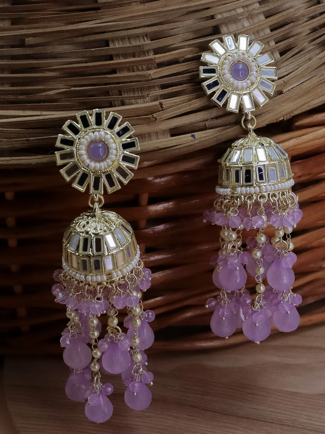 Divyakshi Mirror Jhumka With Glass Beads - Image 5