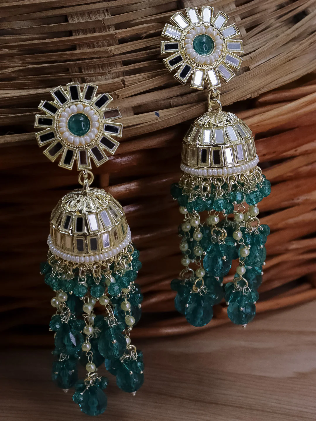 Divyakshi Mirror Jhumka With Glass Beads - Image 6