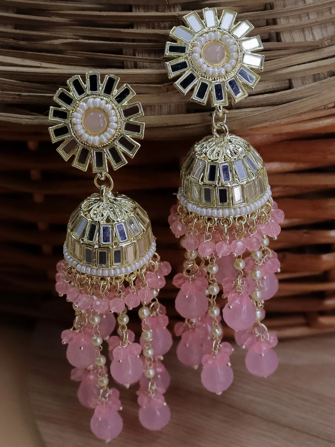Divyakshi Mirror Jhumka With Glass Beads - Image 7