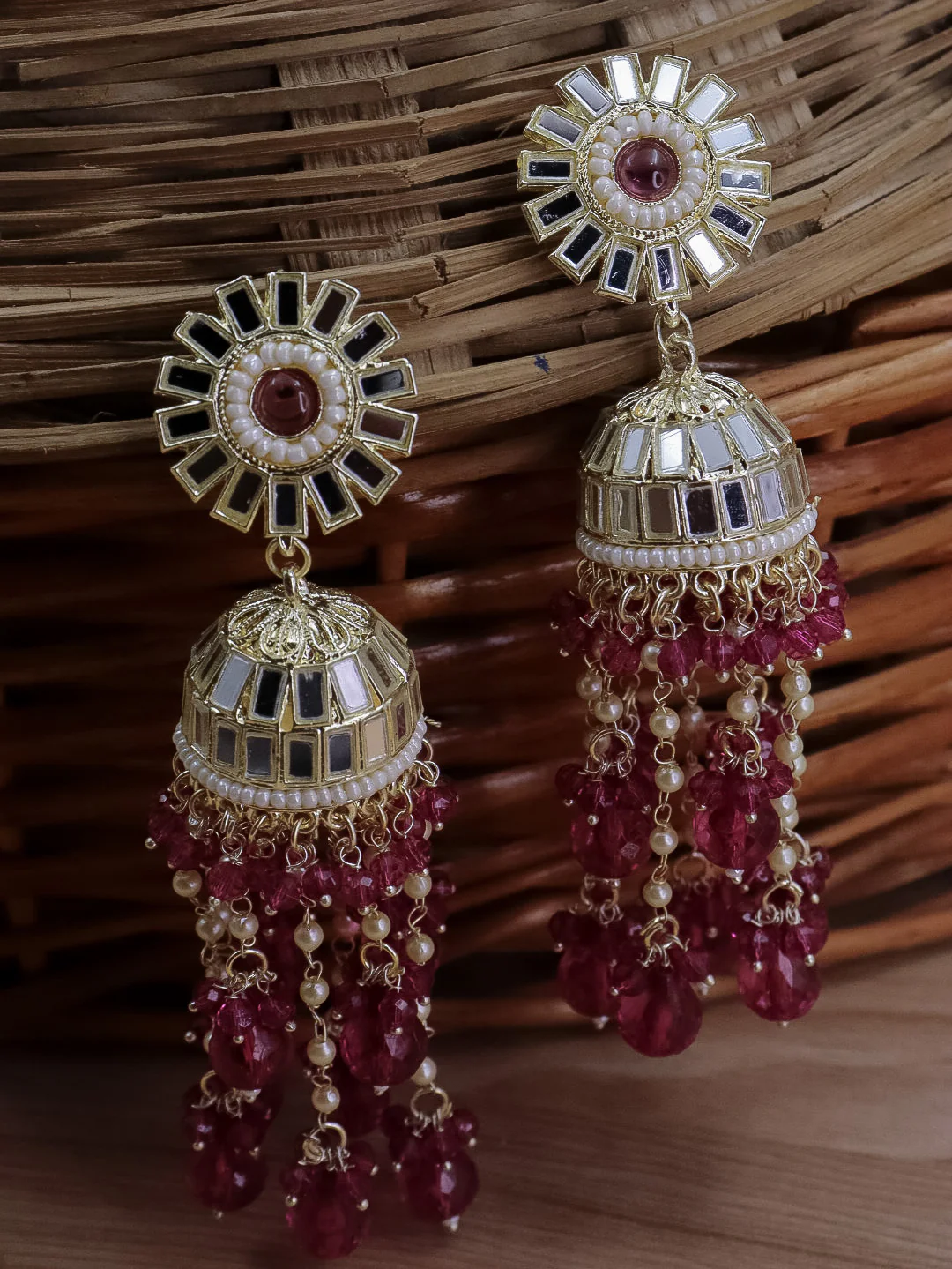 Divyakshi Mirror Jhumka With Glass Beads - Image 8