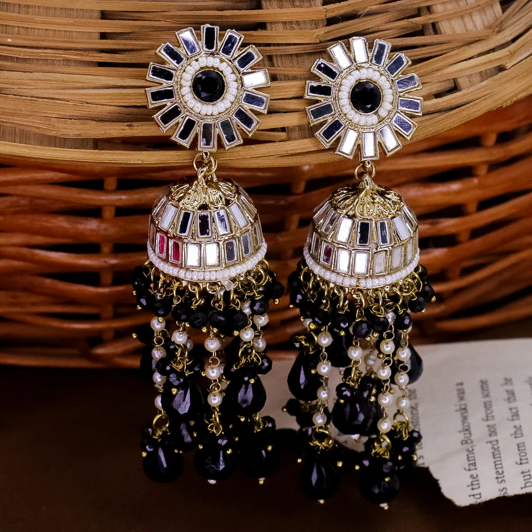 Divyakshi Mirror Jhumka With Glass Beads - Image 9