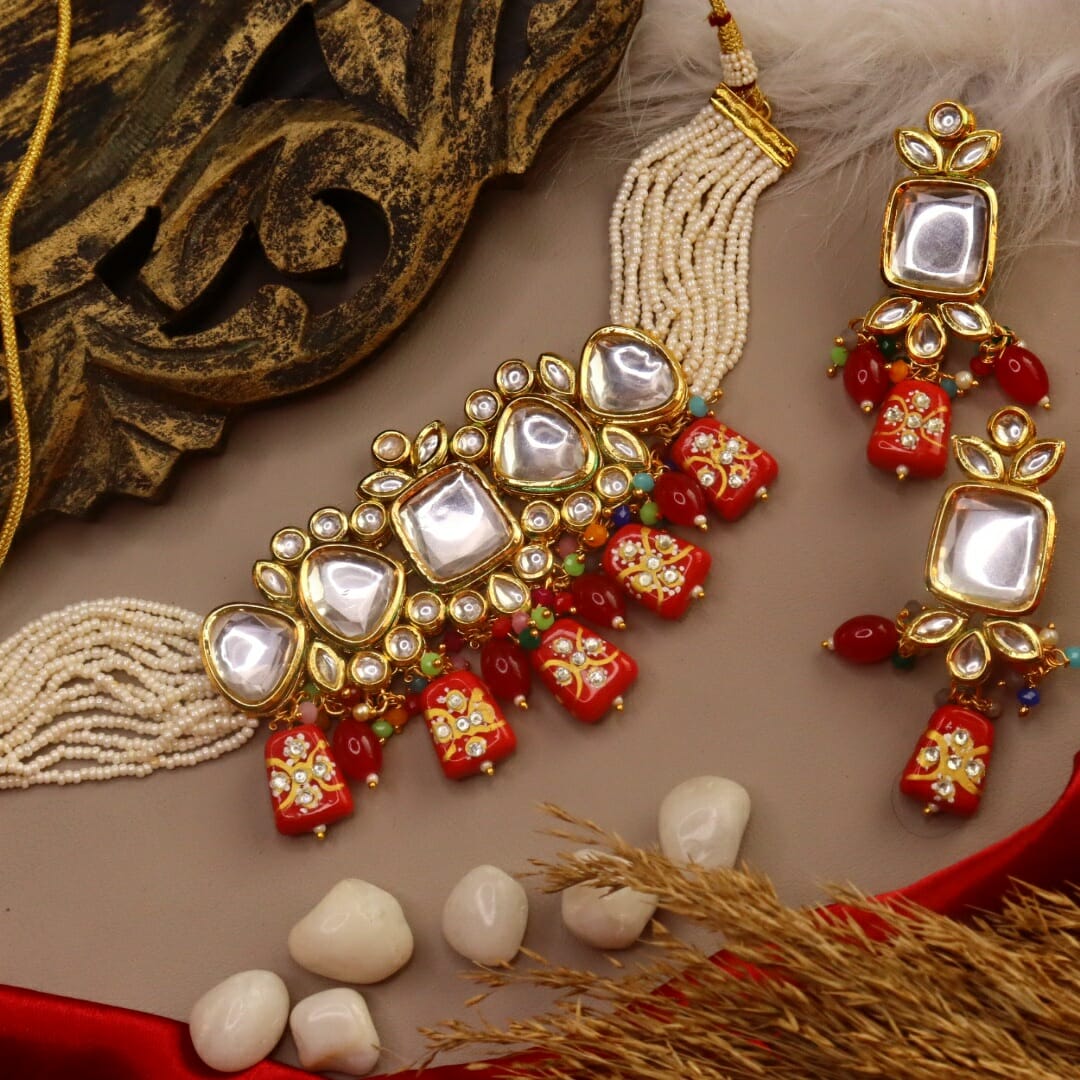 Red - Gulmohar Premium  Choker Set With Monalisa Beads - Image 2