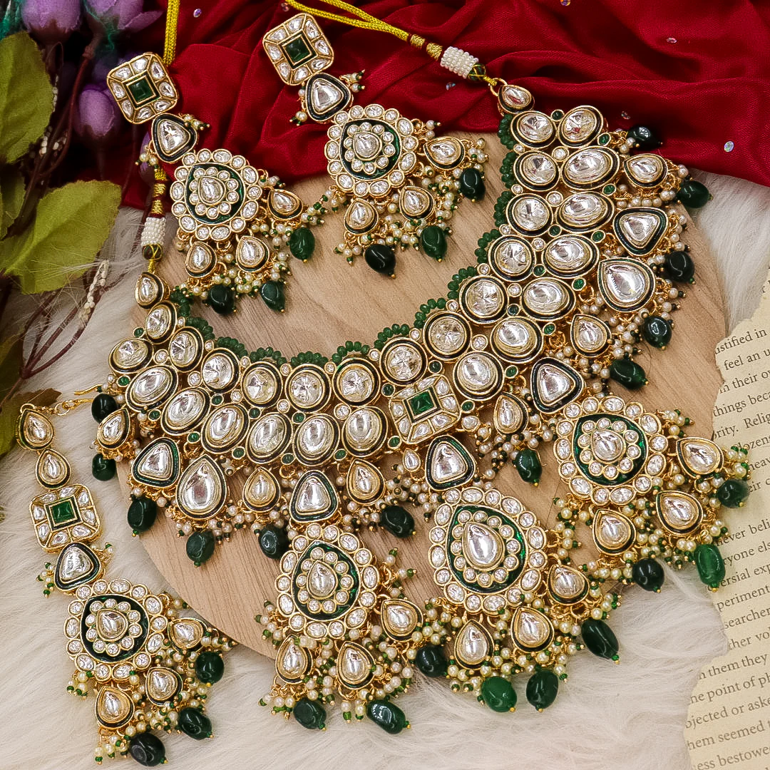 Maleeha Kundan Polki Semi Bridal Necklace - Green