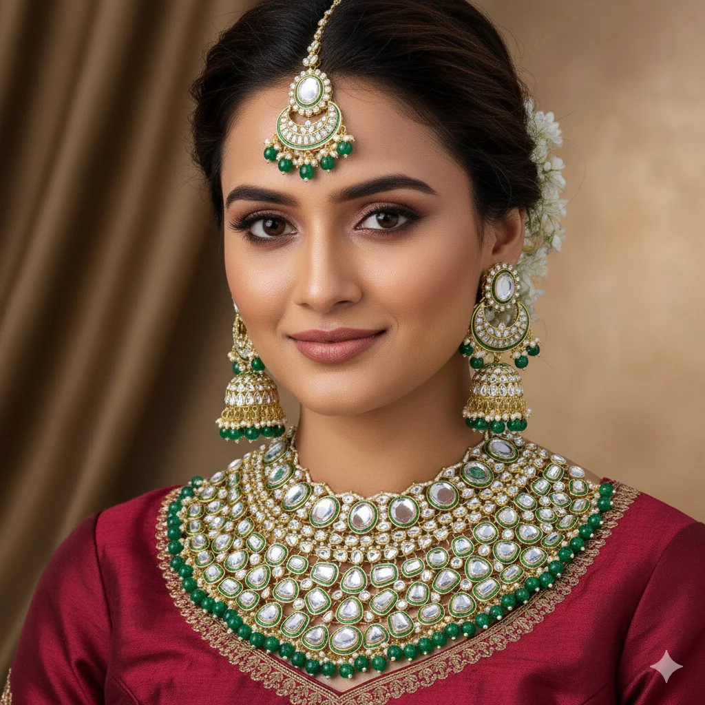 Nimrat Semi Bridal Choker Set With Jhumka + Teeka - Green
