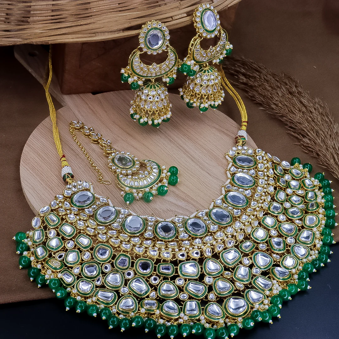 Nimrat Semi Bridal Choker Set With Jhumka + Teeka - Green - Image 2