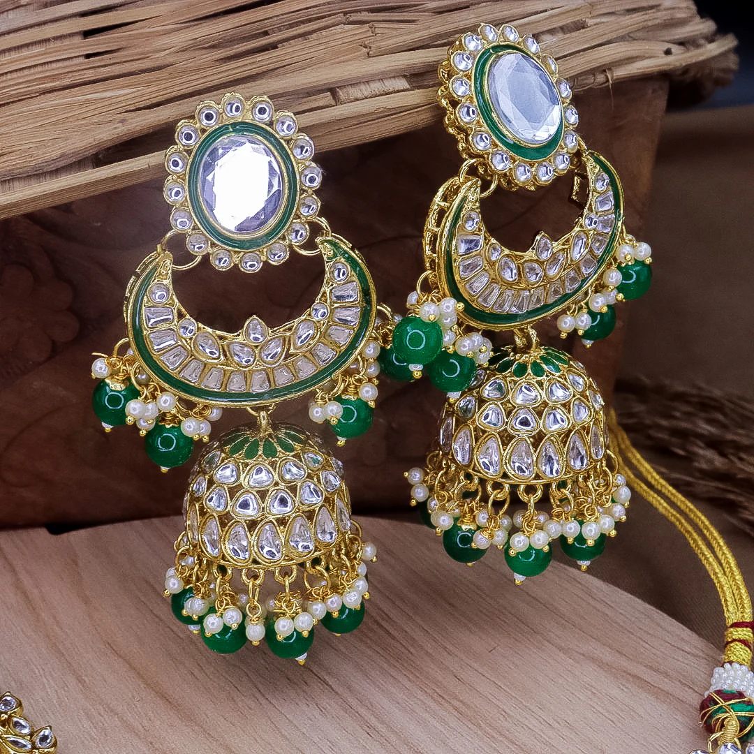 Nimrat Semi Bridal Choker Set With Jhumka + Teeka - Green - Image 3