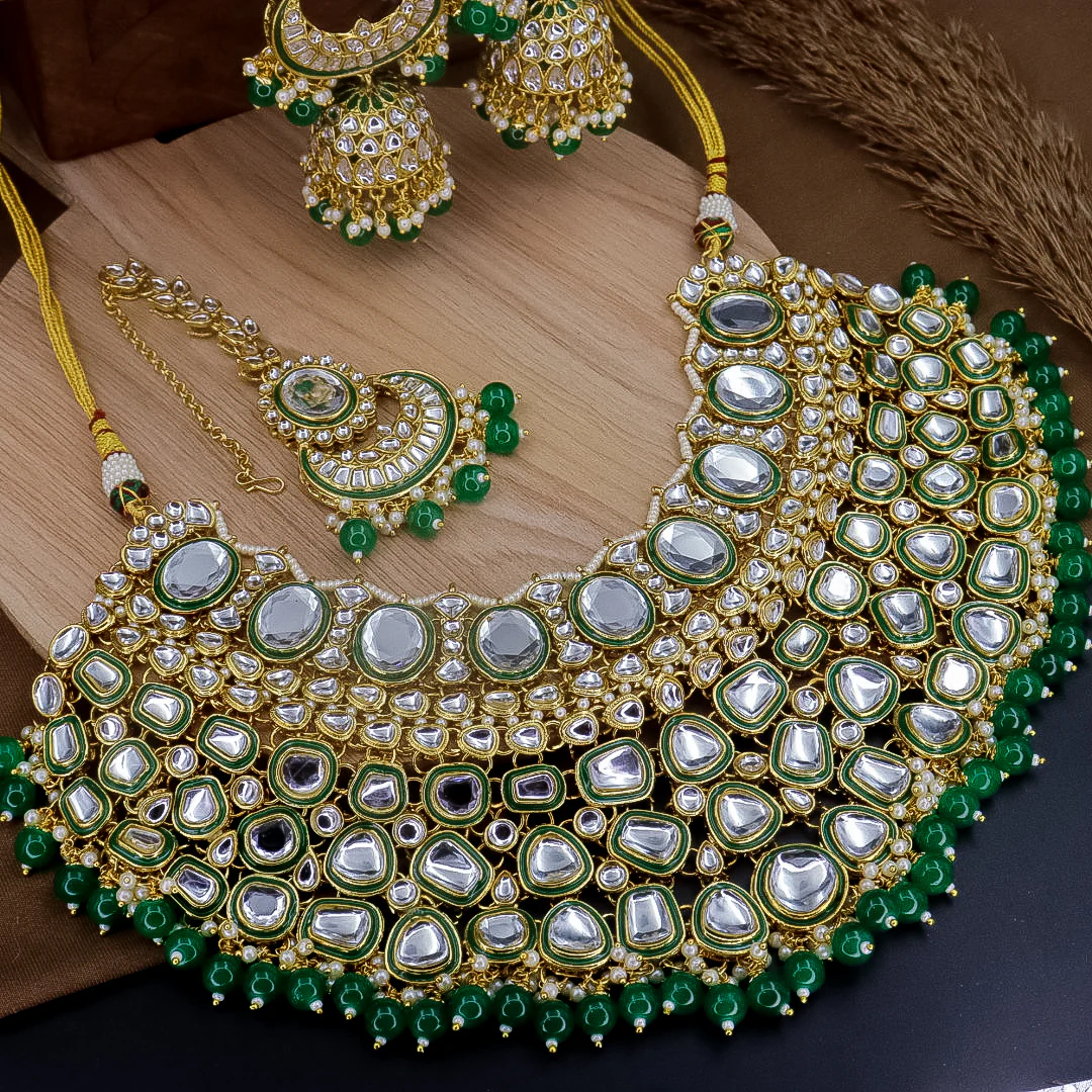 Nimrat Semi Bridal Choker Set With Jhumka + Teeka - Green - Image 4