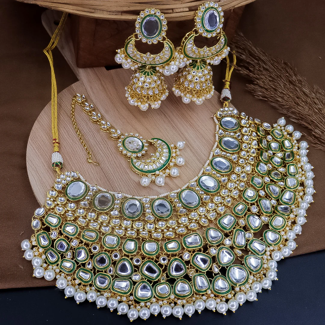 Nimrat Semi Bridal Choker Set With Jhumka + Teeka - White - Image 2