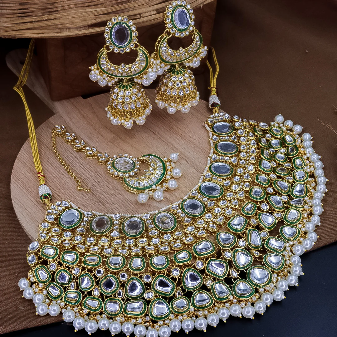 Nimrat Semi Bridal Choker Set With Jhumka + Teeka - White - Image 3