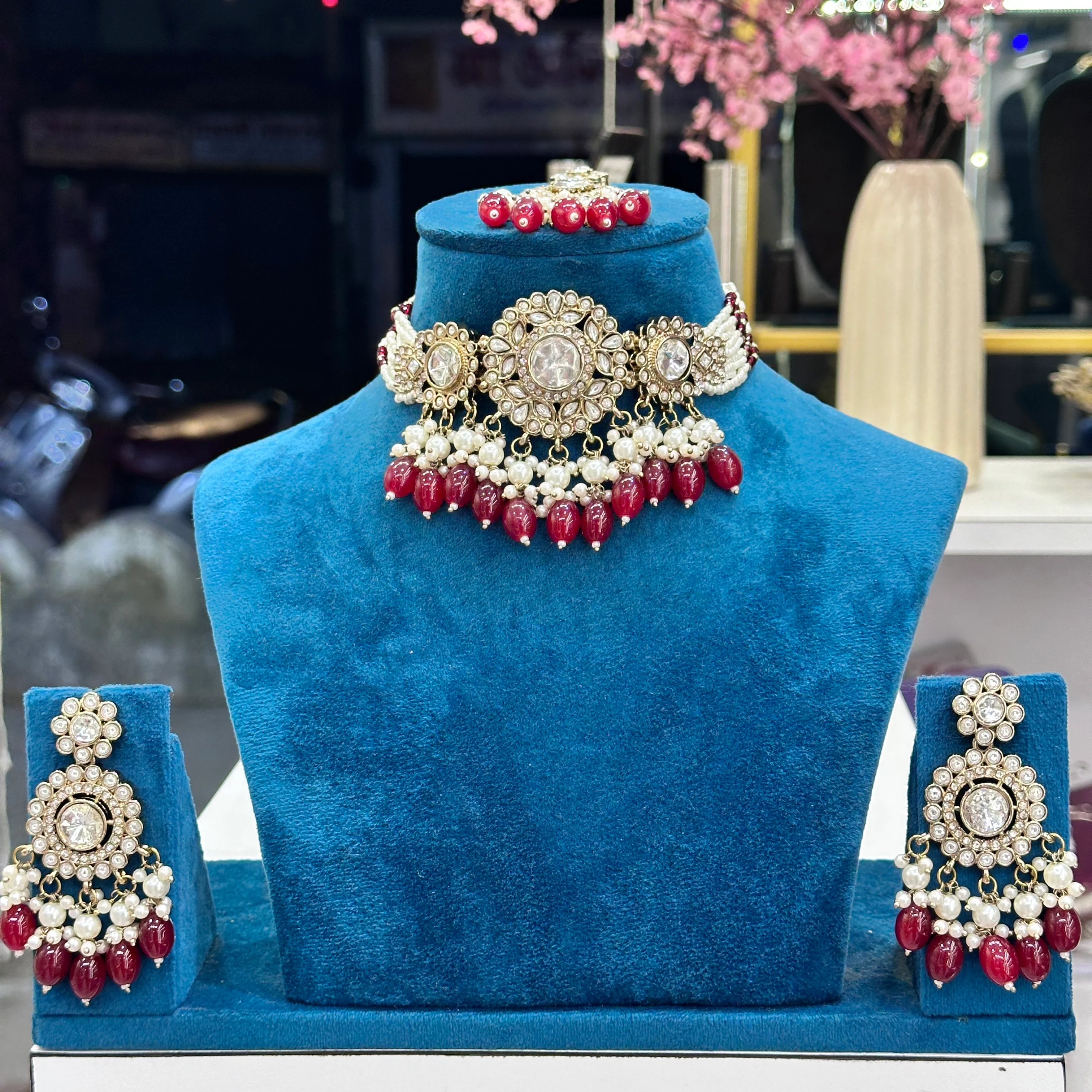 Rena Polki Choker With Earrings And Mangtika - Ruby