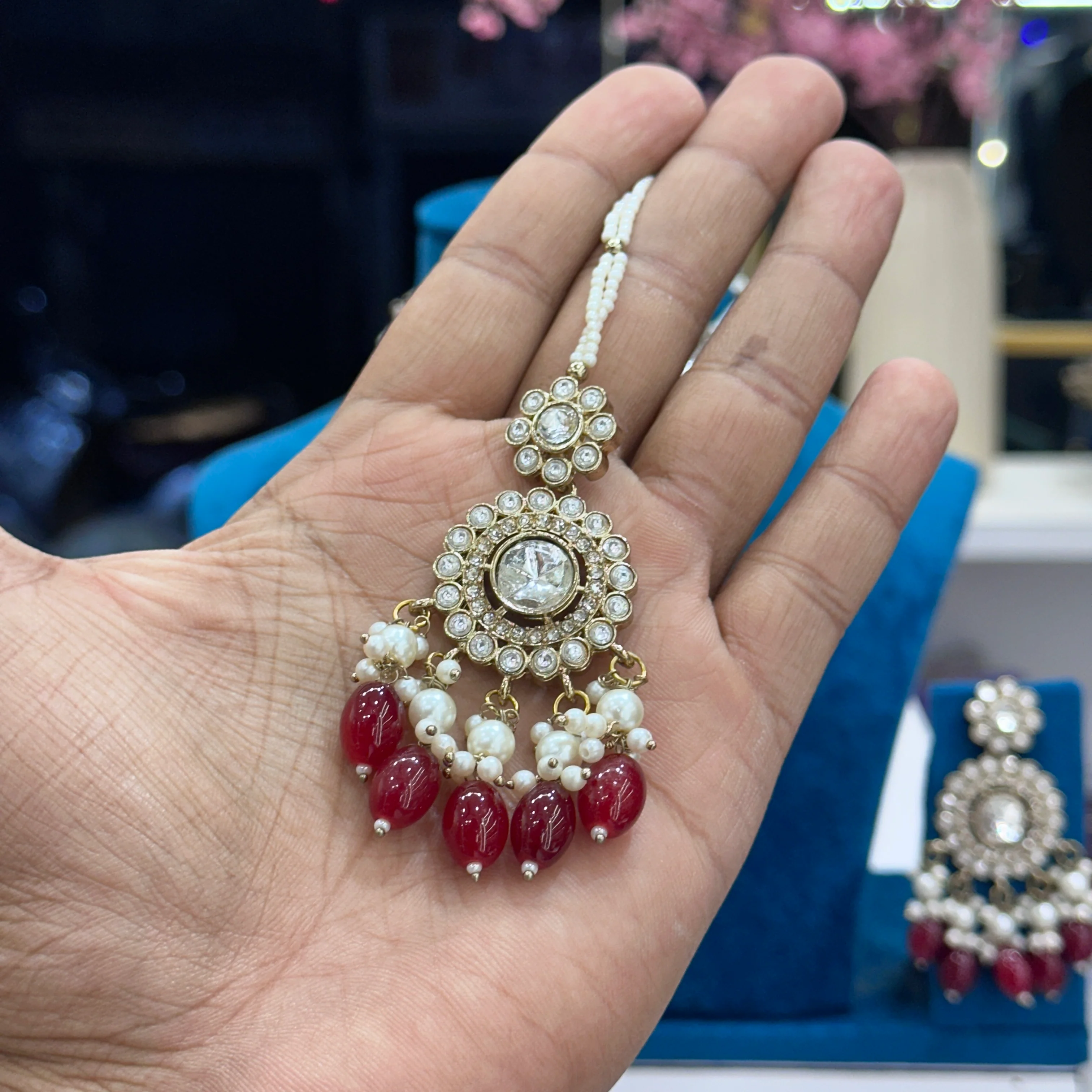 Rena Polki Choker With Earrings And Mangtika - Ruby - Image 2