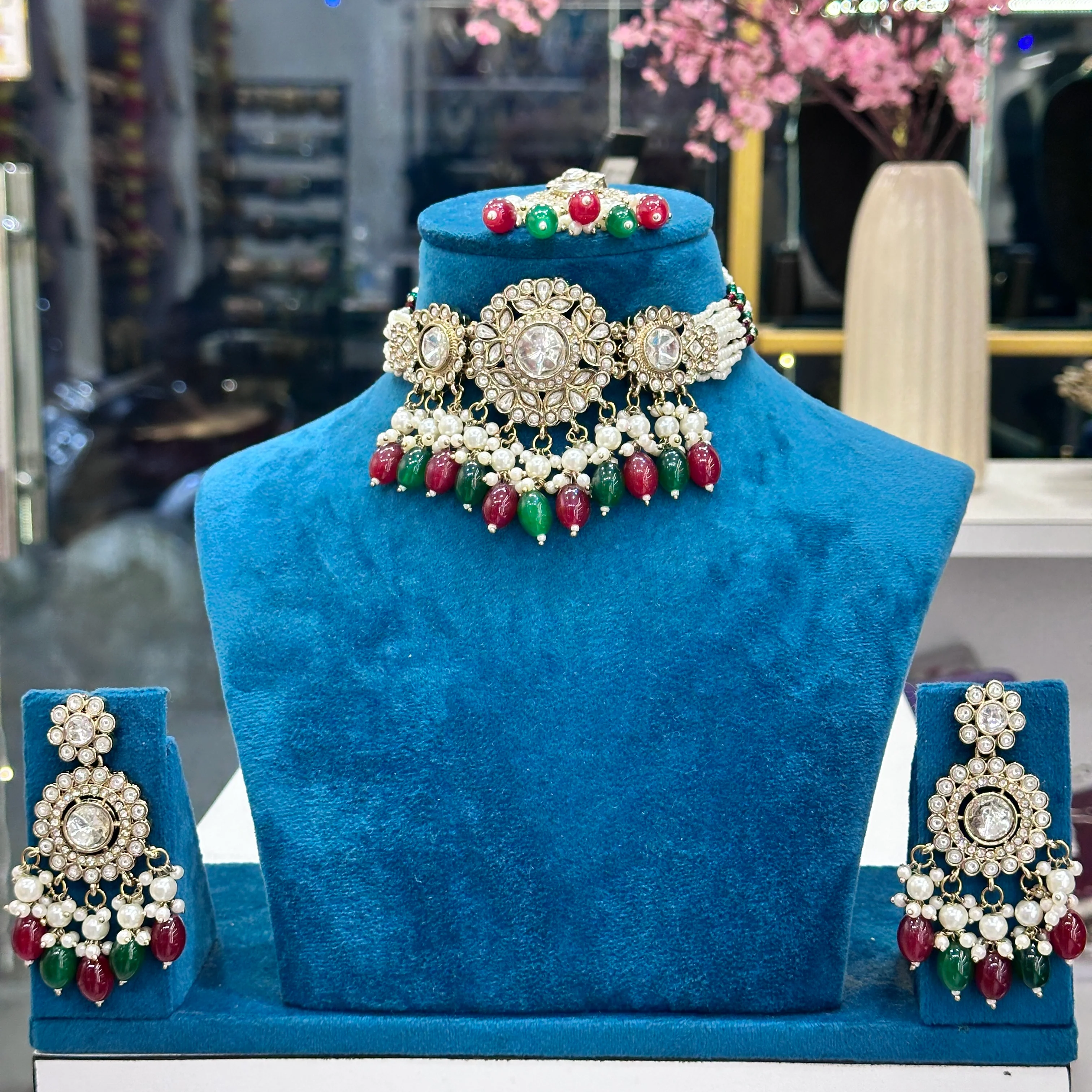 Rena Polki Choker With Earrings And Mangtika - Maroon Green