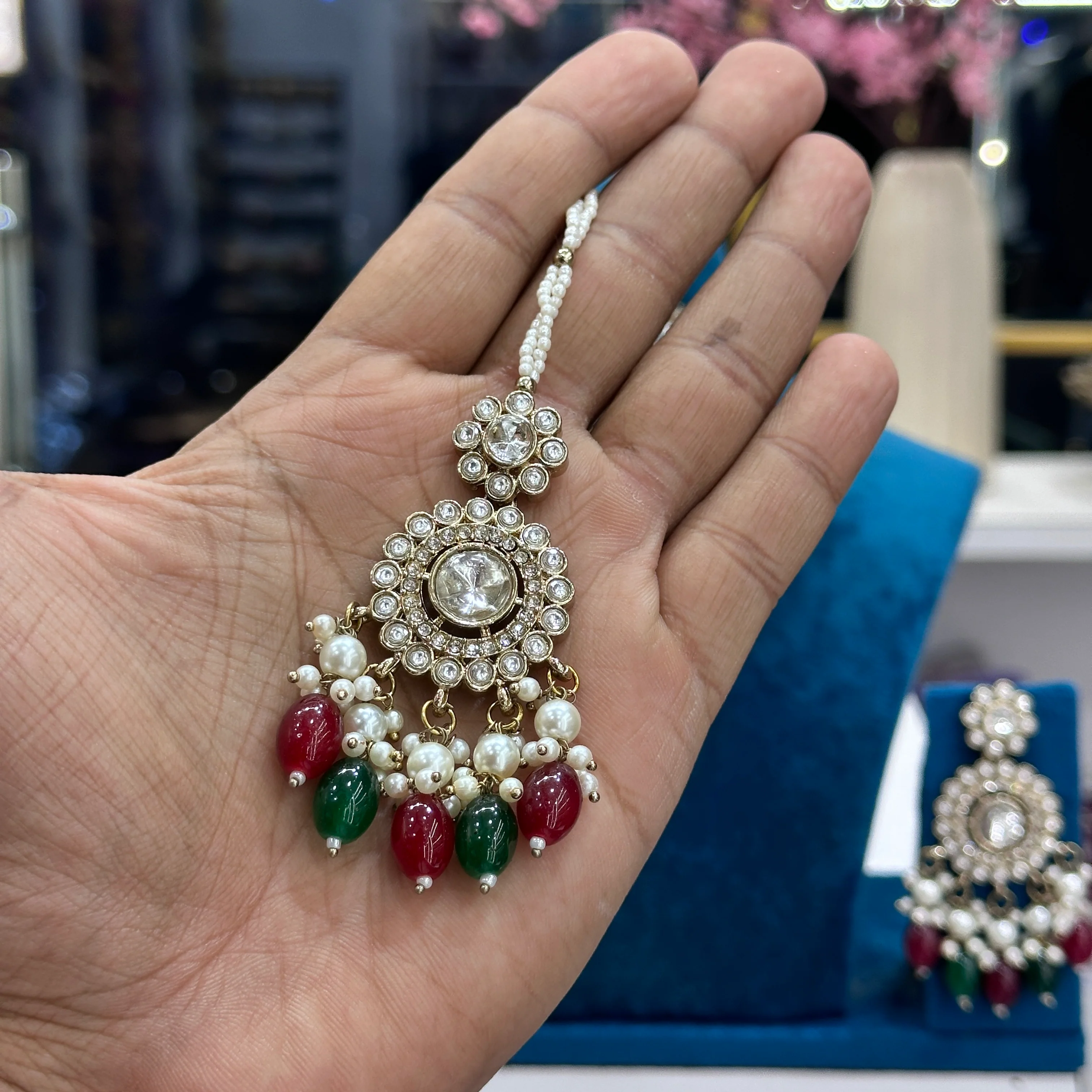 Rena Polki Choker With Earrings And Mangtika - Maroon Green - Image 2