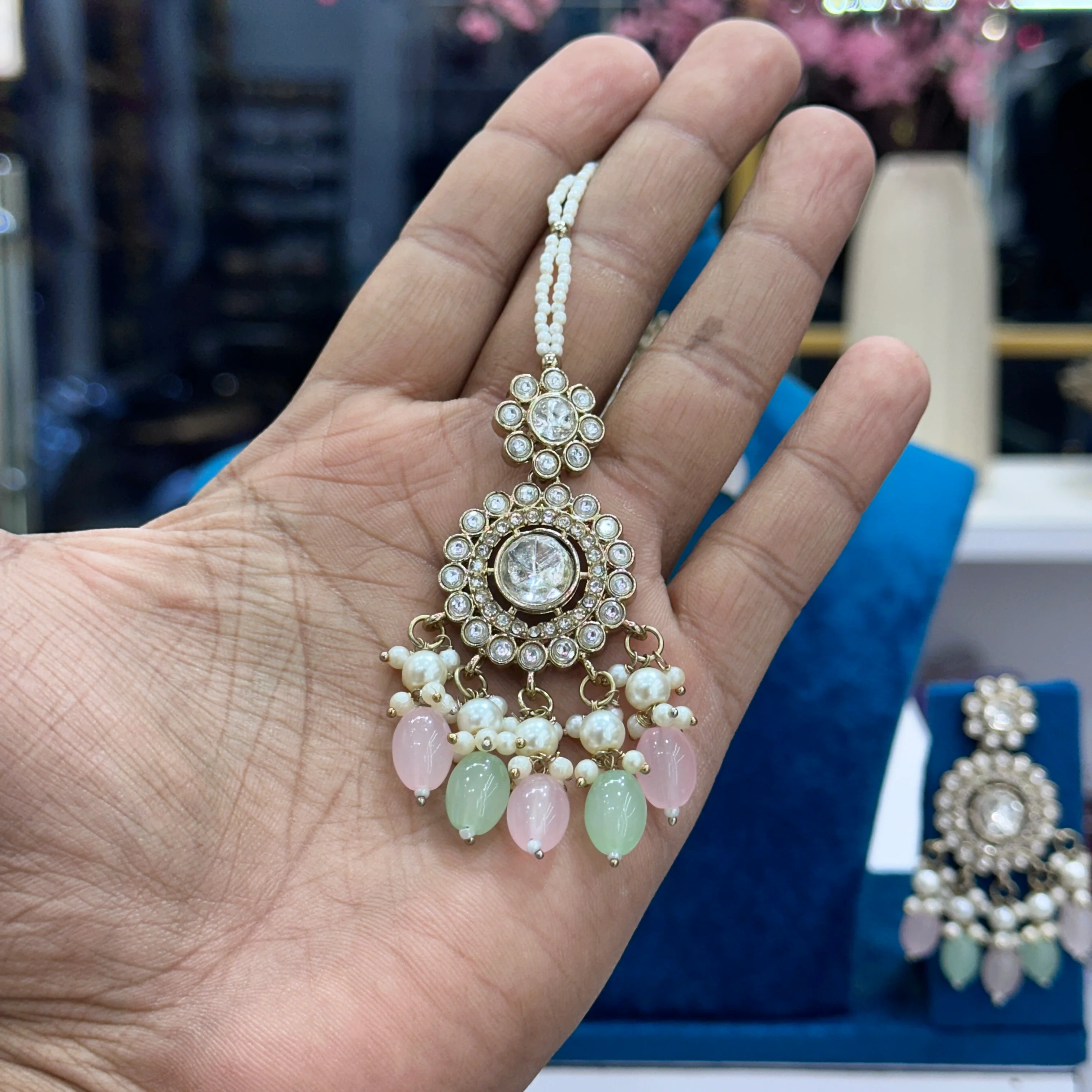 Rena Polki Choker With Earrings And Mangtika - Pink Mint - Image 2