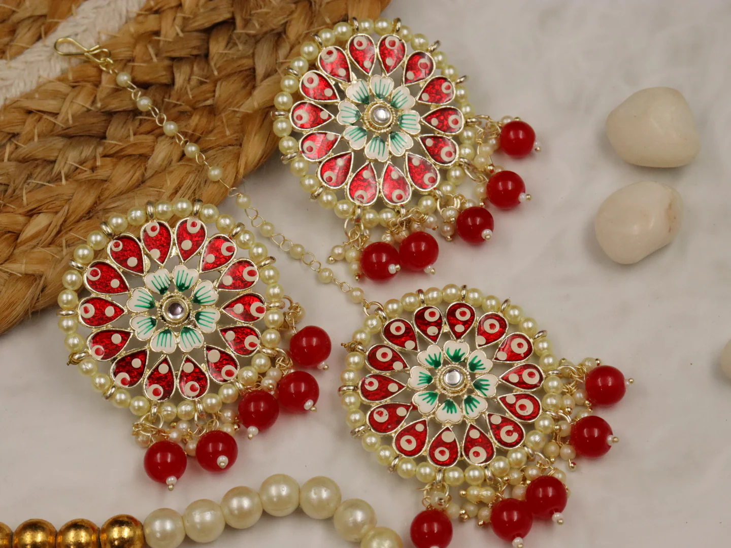 Saachi Meenakari Earrings With Teeka Set - Image 4