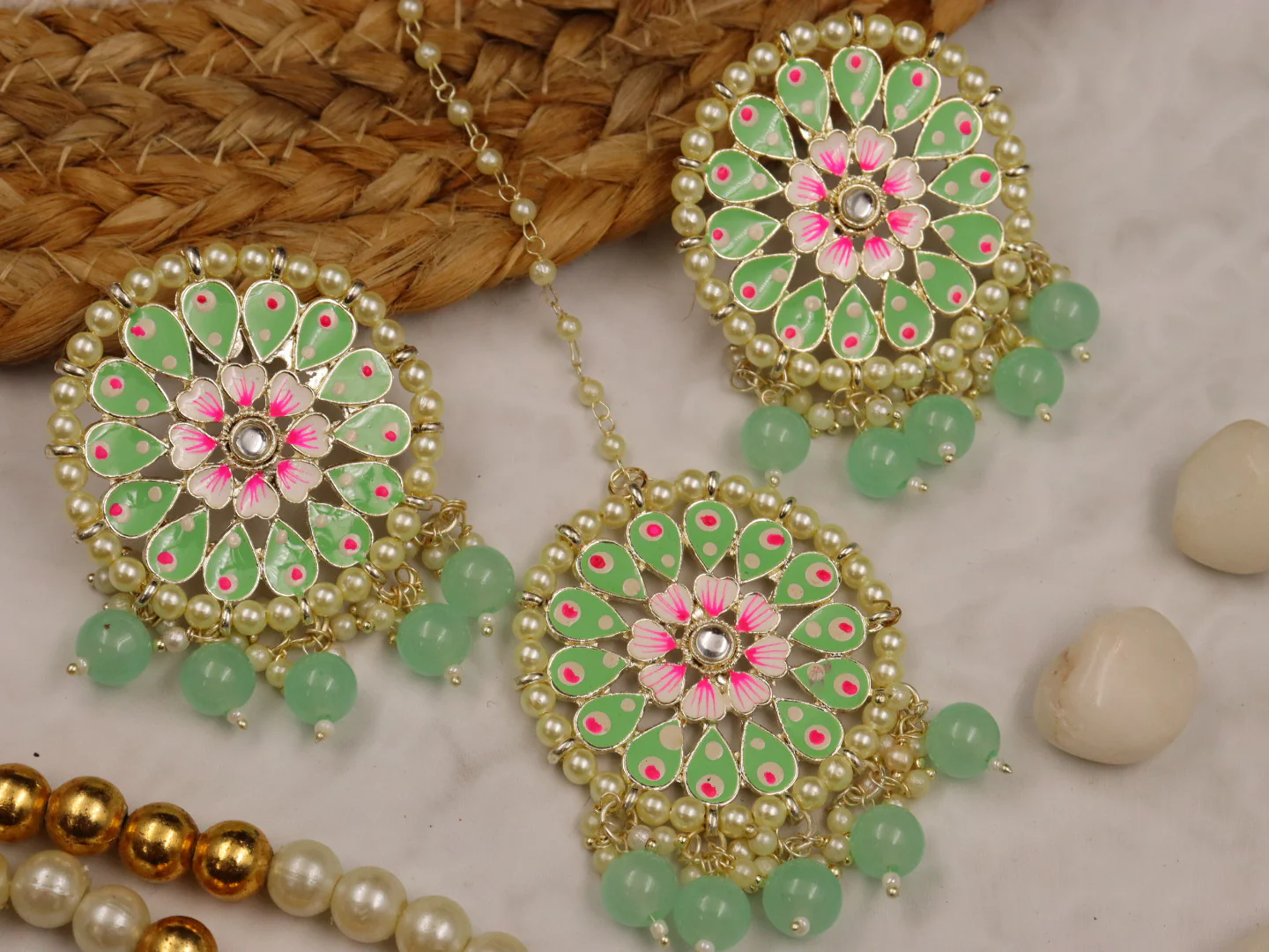 Saachi Meenakari Earrings With Teeka Set - Image 7